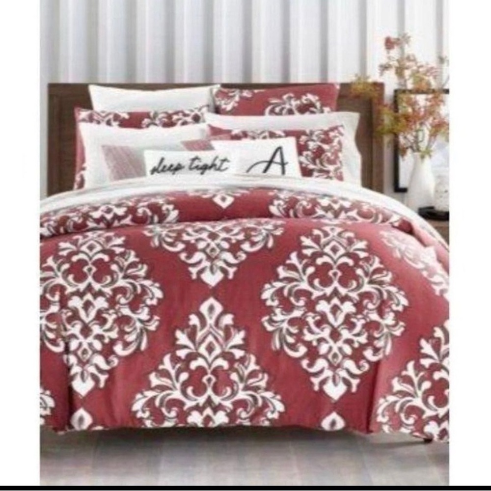 BN Twin Charter Club Red and White printed Pima cotton comforter + 1 pillow case
